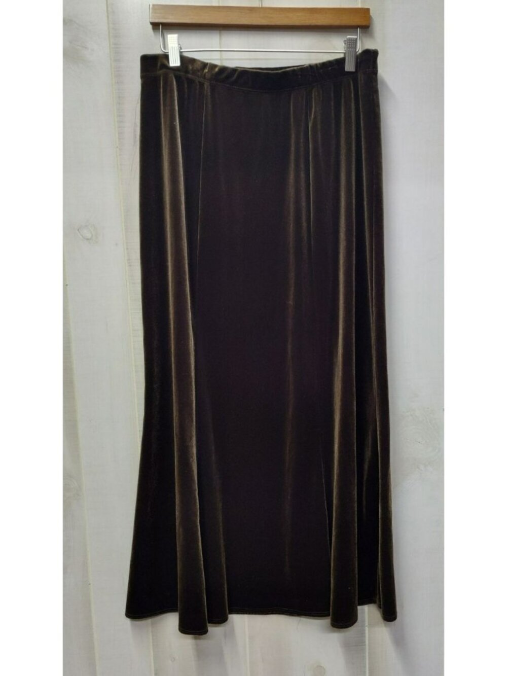 Brown Velvet Maxi Skirt Dialogue Womens Large, Made in USA, Elastic Waist Modest